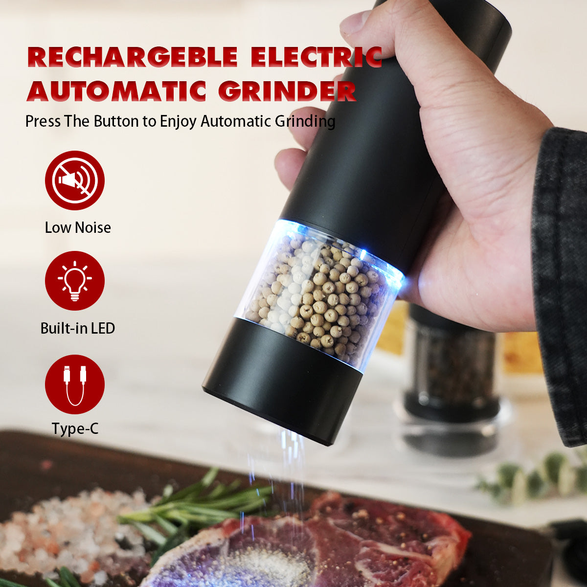 Holm Automatic Electric Salt and Pepper Grinder - One-Handed Spice Mill